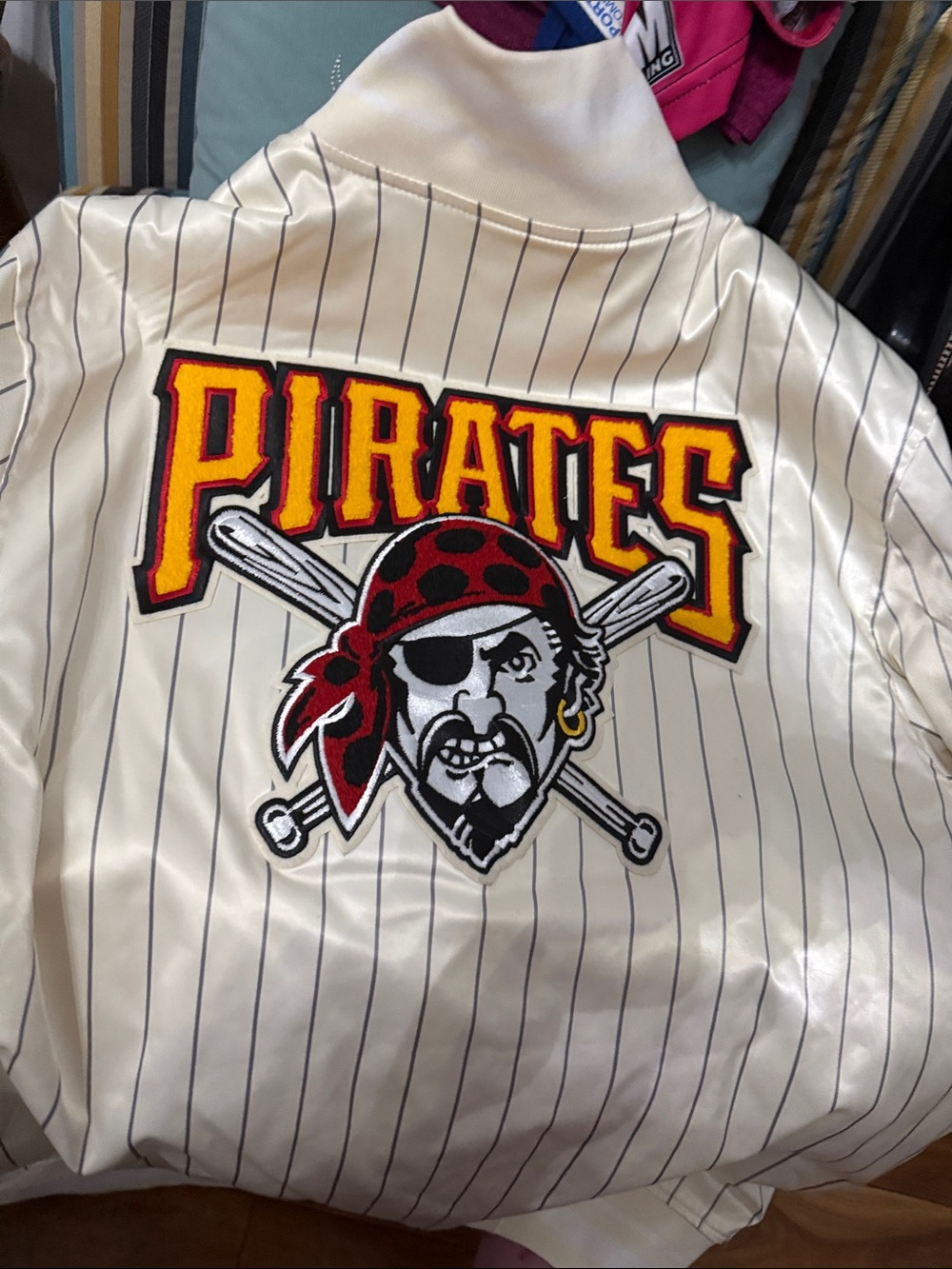 Men's White Pinstripe Varsity Bomber Jacket with Pirates Patch